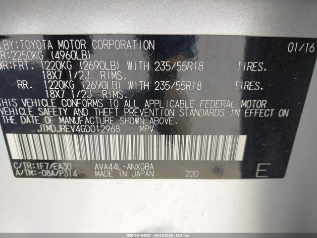Aukcja sprzedaży 2016 Toyota Rav4 Hybrid Limited, vin: JTMDJREV4GD012968, numer aukcji: 46104537