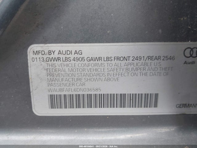 2013 Audi A4 2.0t Premium მანქანა იყიდება აუქციონზე, vin: WAUBFAFL6DN036585, აუქციონის ნომერი: 46104541