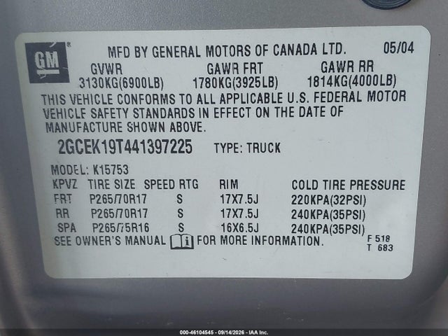 46104545 :رقم المزاد ، 2GCEK19T441397225 vin ، 2004 Chevrolet Silverado 1500 Lt مزاد بيع