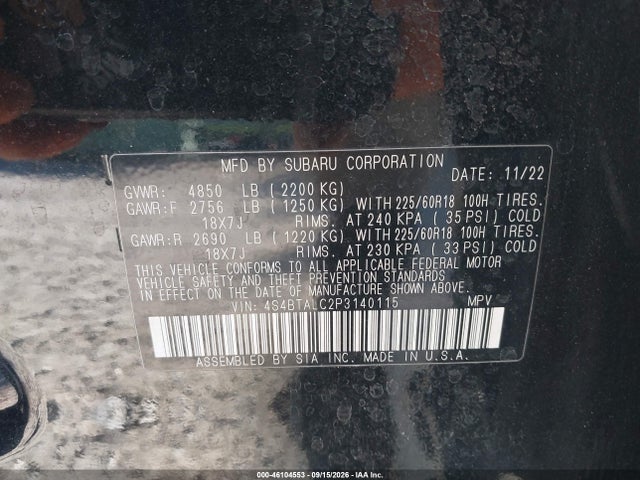 2023 Subaru Outback Onyx Edition მანქანა იყიდება აუქციონზე, vin: 4S4BTALC2P3140115, აუქციონის ნომერი: 46104553