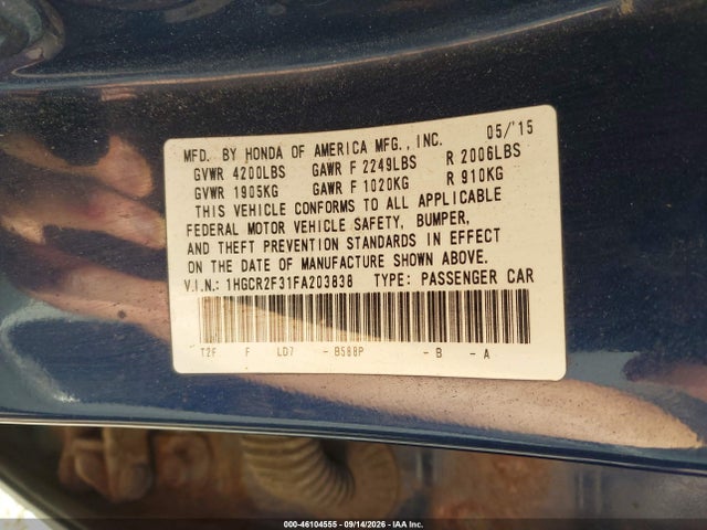 Продажа на аукционе авто 2015 Honda Accord Lx, vin: 1HGCR2F31FA203838, номер лота: 46104555