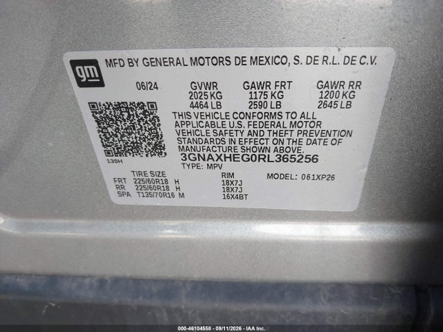 46104558 :رقم المزاد ، 3GNAXHEG0RL365256 vin ، 2024 Chevrolet Equinox Fwd Ls مزاد بيع