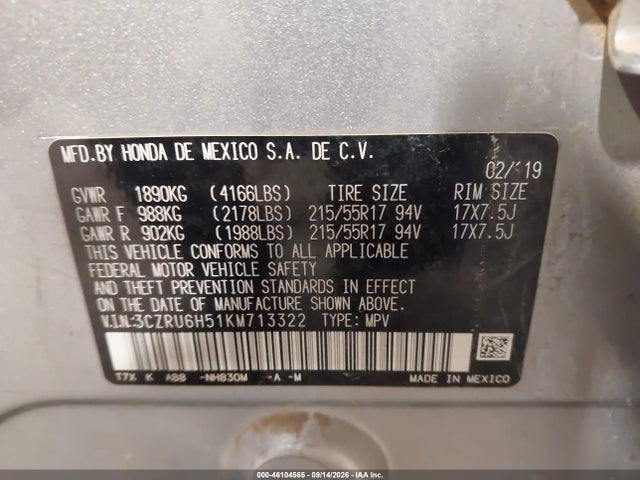 46104565 :رقم المزاد ، 3CZRU6H51KM713322 vin ، 2019 Honda Hr-v Ex مزاد بيع