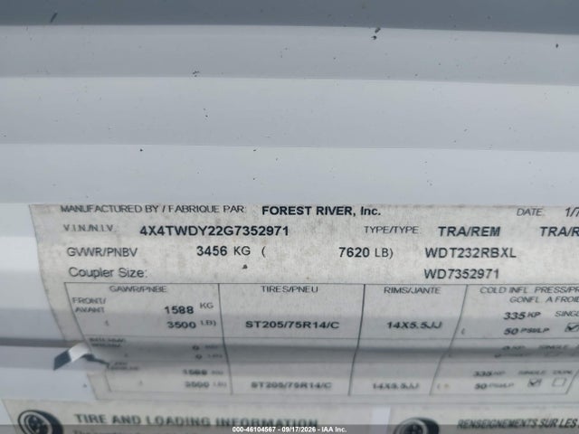 2016 Forest River Wildwood მანქანა იყიდება აუქციონზე, vin: 4X4TWDY22G7352971, აუქციონის ნომერი: 46104567