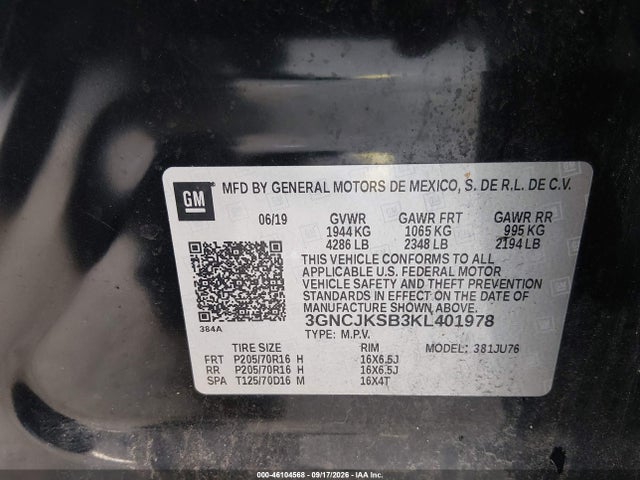 Продаж на аукціоні авто 2019 Chevrolet Trax Ls, vin: 3GNCJKSB3KL401978, номер лоту: 46104568