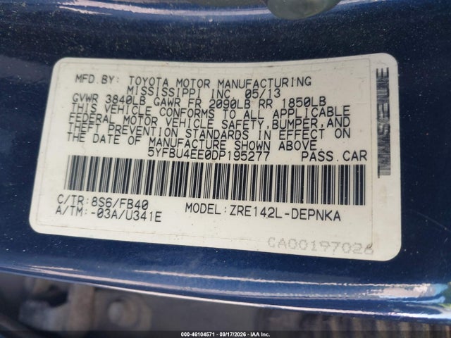 Aukcja sprzedaży 2013 Toyota Corolla Le, vin: 5YFBU4EE0DP195277, numer aukcji: 46104571