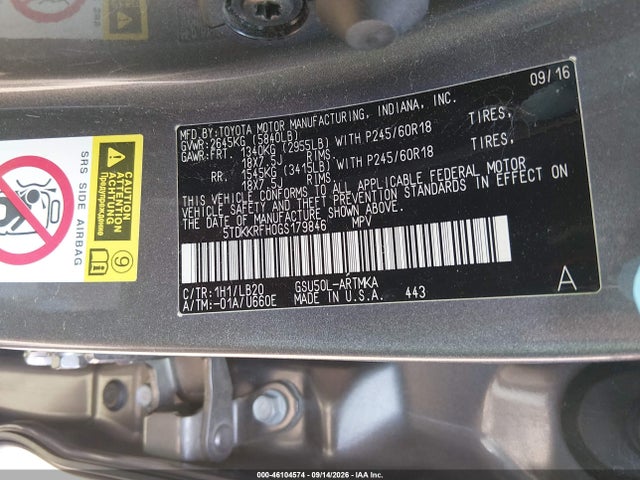 Toyota Highlander Xle V6 2016 5TDKKRFH0GS179846 Image 9