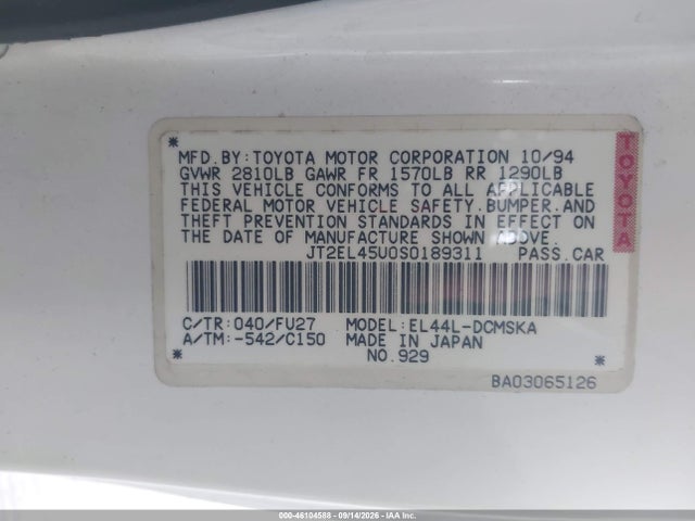 Продаж на аукціоні авто 1995 Toyota Paseo, vin: JT2EL45U0S0189311, номер лоту: 46104588