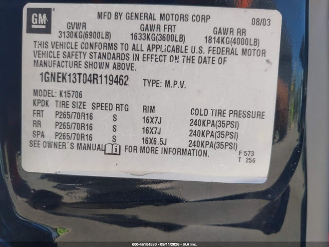 Aukcja sprzedaży 2004 Chevrolet Tahoe Ls, vin: 1GNEK13T04R119462, numer aukcji: 46104590