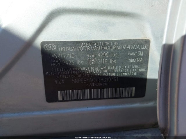 Aukcja sprzedaży 2011 Hyundai Sonata Gls, vin: 5NPEB4AC7BH019361, numer aukcji: 46104602