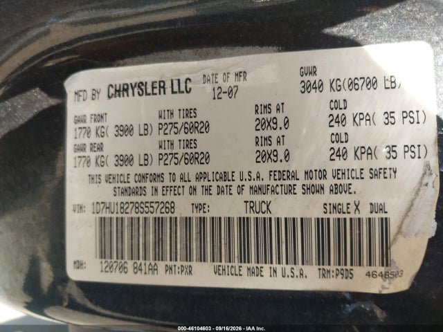 2008 Dodge Ram 1500 Slt მანქანა იყიდება აუქციონზე, vin: 1D7HU18278S557268, აუქციონის ნომერი: 46104603