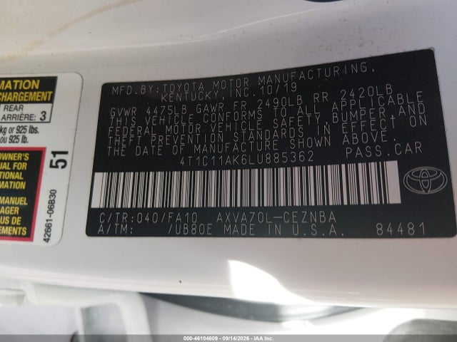 Aukcja sprzedaży 2020 Toyota Camry Le, vin: 4T1C11AK6LU885362, numer aukcji: 46104609