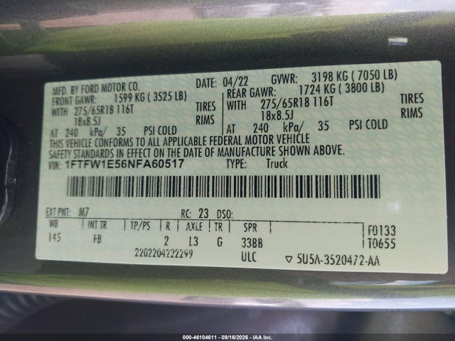 Продажа на аукционе авто 2022 Ford F-150 Xlt, vin: 1FTFW1E56NFA60517, номер лота: 46104611
