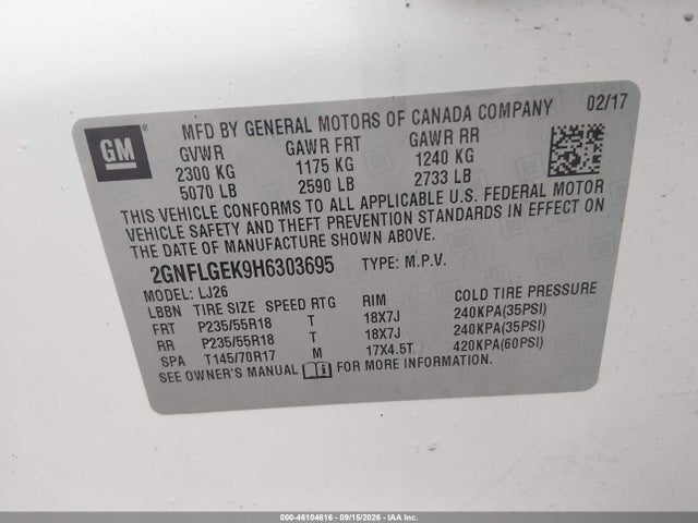 46104616 :رقم المزاد ، 2GNFLGEK9H6303695 vin ، 2017 Chevrolet Equinox Premier مزاد بيع