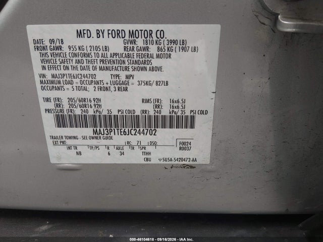 2018 Ford Ecosport Se მანქანა იყიდება აუქციონზე, vin: MAJ3P1TE6JC244702, აუქციონის ნომერი: 46104618