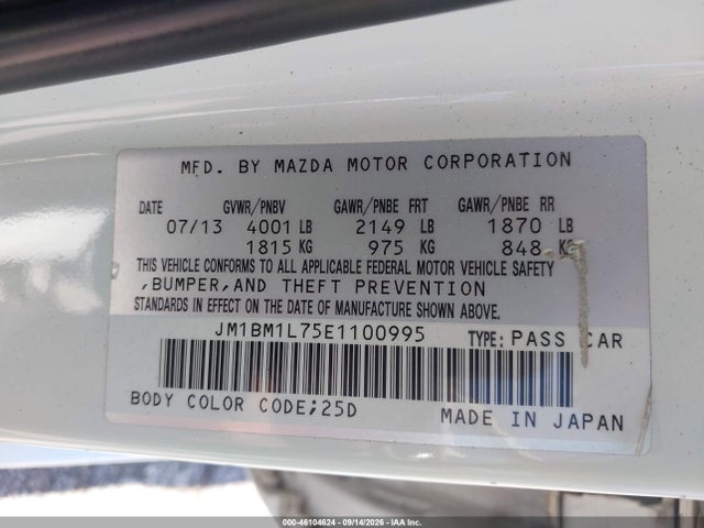 Aukcja sprzedaży 2014 Mazda Mazda3 I Touring, vin: JM1BM1L75E1100995, numer aukcji: 46104624