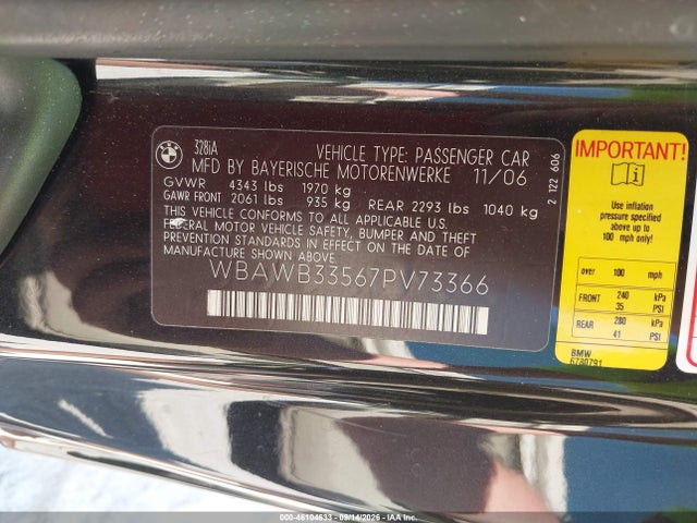 Aukcja sprzedaży 2007 Bmw 328i, vin: WBAWB33567PV73366, numer aukcji: 46104633