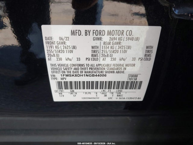 Ford EXPLORER XLT 2022 1FMSK8DH1NGB44006 Image 9