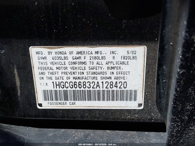 Продажа на аукционе авто 2002 Honda Accord 2.3 Ex/2.3 Se, vin: 1HGCG66832A128420, номер лота: 46104641