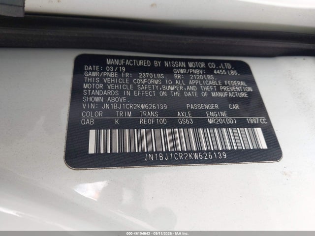 Продаж на аукціоні авто 2019 Nissan Rogue Sport Sv, vin: JN1BJ1CR2KW626139, номер лоту: 46104642
