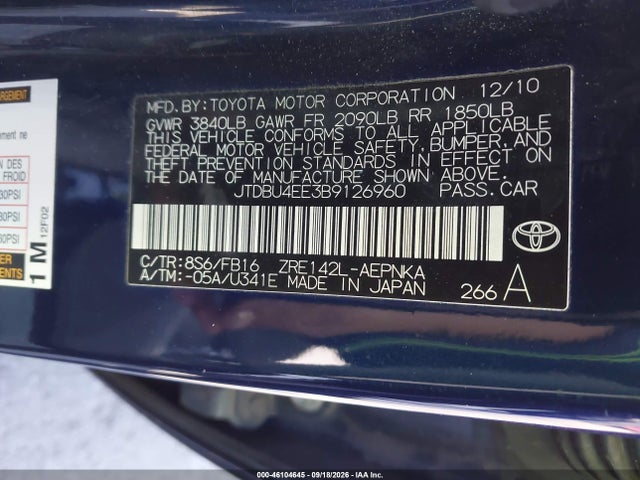 Продаж на аукціоні авто 2011 Toyota Corolla Le, vin: JTDBU4EE3B9126960, номер лоту: 46104645