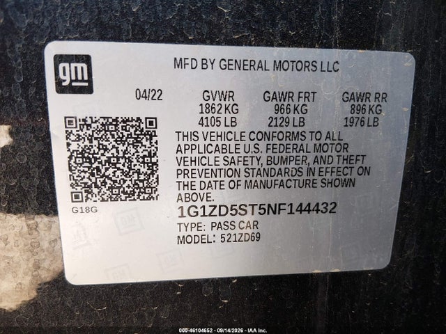 Aukcja sprzedaży 2022 Chevrolet Malibu Fwd Lt, vin: 1G1ZD5ST5NF144432, numer aukcji: 46104652