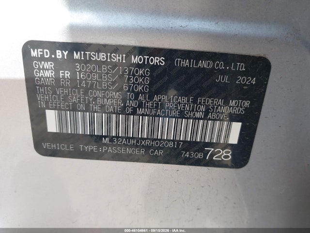 Aukcja sprzedaży 2024 Mitsubishi Mirage Es/le, vin: ML32AUHJXRH020817, numer aukcji: 46104661