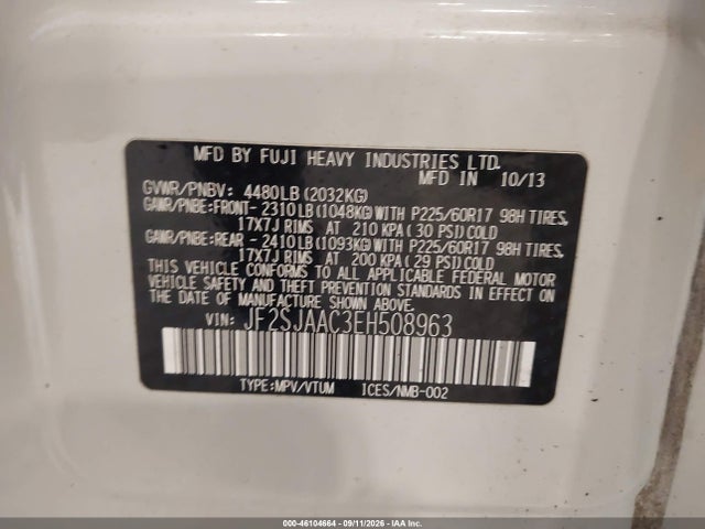 46104664 :رقم المزاد ، JF2SJAAC3EH508963 vin ، 2014 Subaru Forester 2.5i مزاد بيع