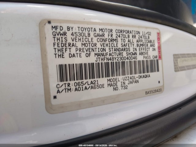 46104668 :رقم المزاد ، JTHFN48Y230040046 vin ، 2003 Lexus Sc 430 مزاد بيع