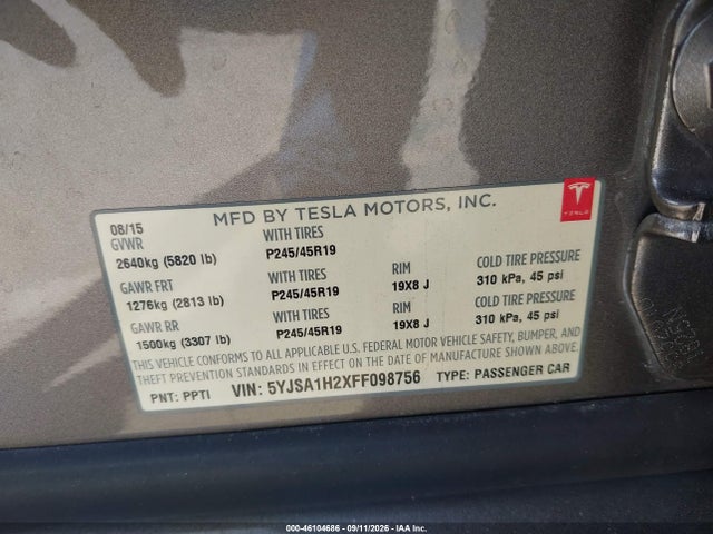 Aukcja sprzedaży 2015 Tesla Model S 70d/85d/p85d, vin: 5YJSA1H2XFF098756, numer aukcji: 46104686