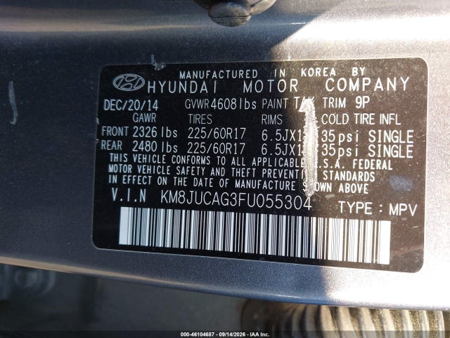 Продажа на аукционе авто 2015 Hyundai Tucson Se, vin: KM8JUCAG3FU055304, номер лота: 46104687