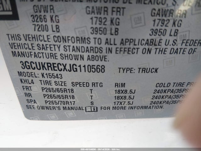 46104696 :رقم المزاد ، 3GCUKRECXJG110568 vin ، 2018 Chevrolet Silverado 1500 2lt مزاد بيع