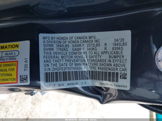 2026 Honda Civic Sport მანქანა იყიდება აუქციონზე, vin: 2HGFE2F55TH592474, აუქციონის ნომერი: 46104704