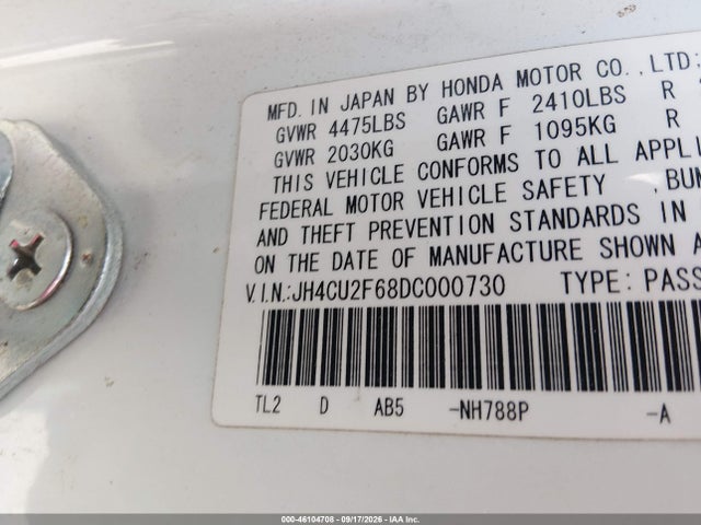 Продажа на аукционе авто 2013 Acura Tsx 2.4, vin: JH4CU2F68DC000730, номер лота: 46104708
