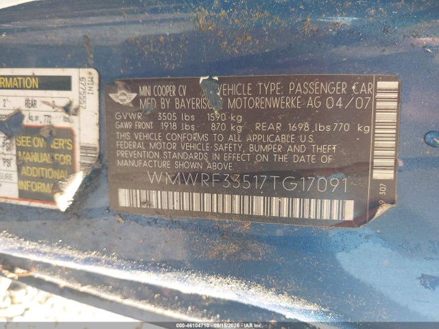 Aukcja sprzedaży 2007 Mini Cooper, vin: WMWRF33517TG17091, numer aukcji: 46104710