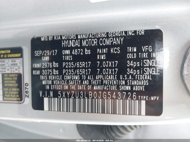 2018 Hyundai Santa Fe Sport 2.4l მანქანა იყიდება აუქციონზე, vin: 5XYZU3LB0JG543726, აუქციონის ნომერი: 46104738