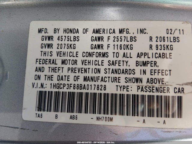 Продажа на аукционе авто 2011 Honda Accord 3.5 Ex-l, vin: 1HGCP3F88BA017828, номер лота: 46104753
