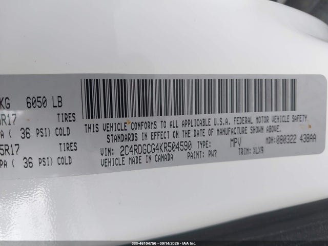 2019 Dodge Grand Caravan Sxt მანქანა იყიდება აუქციონზე, vin: 2C4RDGCG4KR504590, აუქციონის ნომერი: 46104756