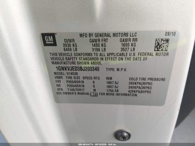 Aukcja sprzedaży 2011 Chevrolet Traverse 2lt, vin: 1GNKVJED3BJ203349, numer aukcji: 46104774