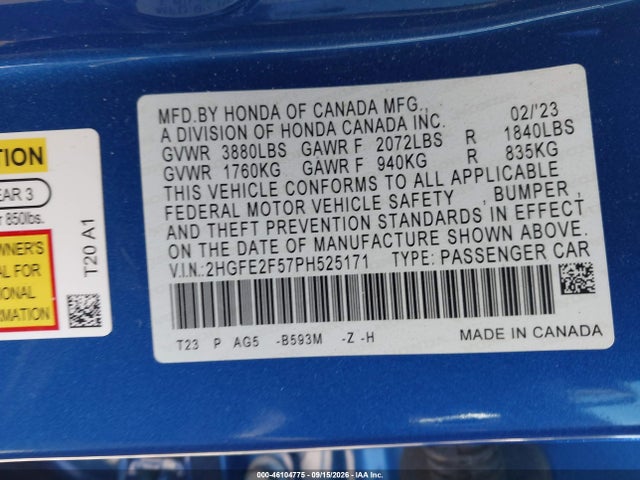 2023 Honda Civic Sport მანქანა იყიდება აუქციონზე, vin: 2HGFE2F57PH525171, აუქციონის ნომერი: 46104775