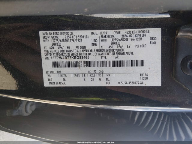 46104785 :رقم المزاد ، 1FT7W2BT7KEG83465 vin ، 2019 Ford F-250 Lariat مزاد بيع