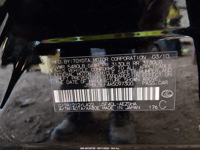 Продажа на аукционе авто 2010 Lexus Ls 460, vin: JTHBL5EF4A5097300, номер лота: 46104788