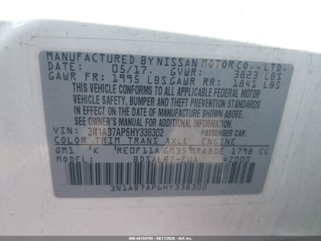 Продаж на аукціоні авто 2017 Nissan Sentra S, vin: 3N1AB7AP6HY338302, номер лоту: 46104790