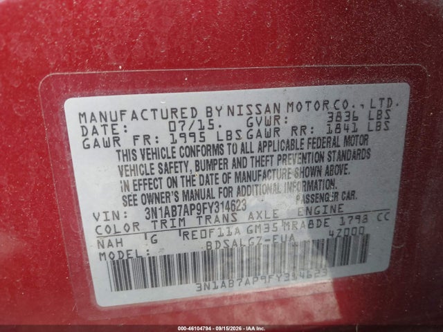 46104794 :رقم المزاد ، 3N1AB7AP9FY314623 vin ، 2015 Nissan Sentra Sl مزاد بيع