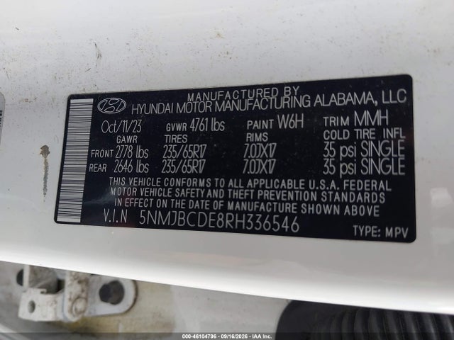 Aukcja sprzedaży 2024 Hyundai Tucson Sel, vin: 5NMJBCDE8RH336546, numer aukcji: 46104796