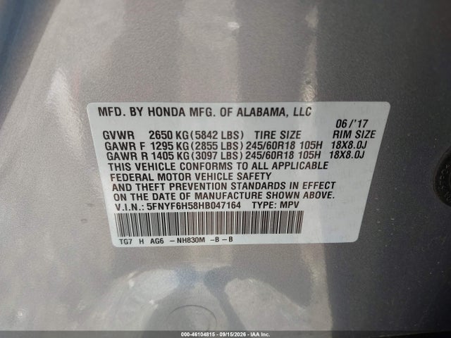 Honda Pilot Ex-l 2017 5FNYF6H58HB047164 Image 9