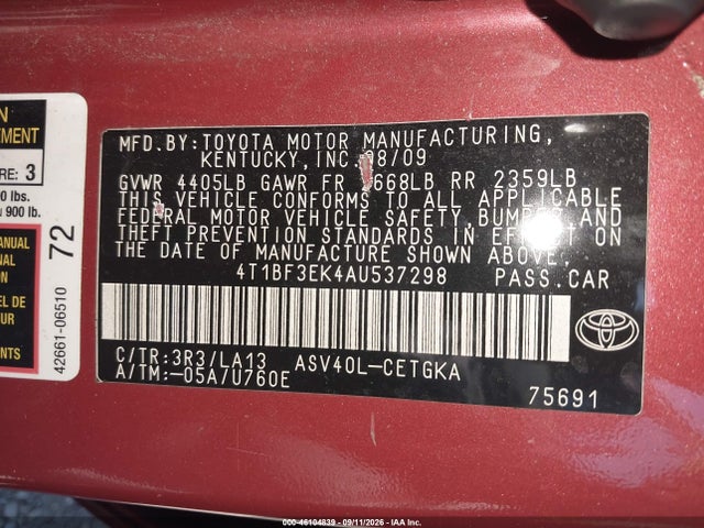Продаж на аукціоні авто 2010 Toyota Camry Xle, vin: 4T1BF3EK4AU537298, номер лоту: 46104839