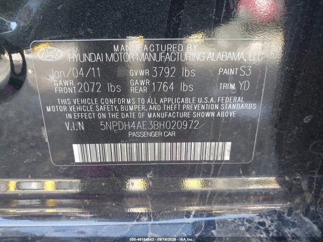 2011 Hyundai Elantra Limited მანქანა იყიდება აუქციონზე, vin: 5NPDH4AE3BH020972, აუქციონის ნომერი: 46104843
