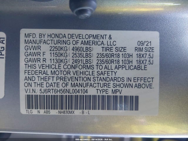 46104853 :رقم المزاد ، 5J6RT6H56NL004104 vin ، 2022 Honda Cr-v Hybrid Ex مزاد بيع