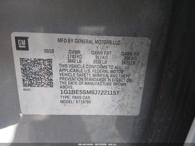 46104856 :رقم المزاد ، 1G1BE5SM6J7221157 vin ، 2018 Chevrolet Cruze Lt Auto مزاد بيع